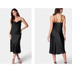 Bebe Sz M Black Satin Cowl Neck Slip Dress Midi Elegant Sexy LBD Minimalist